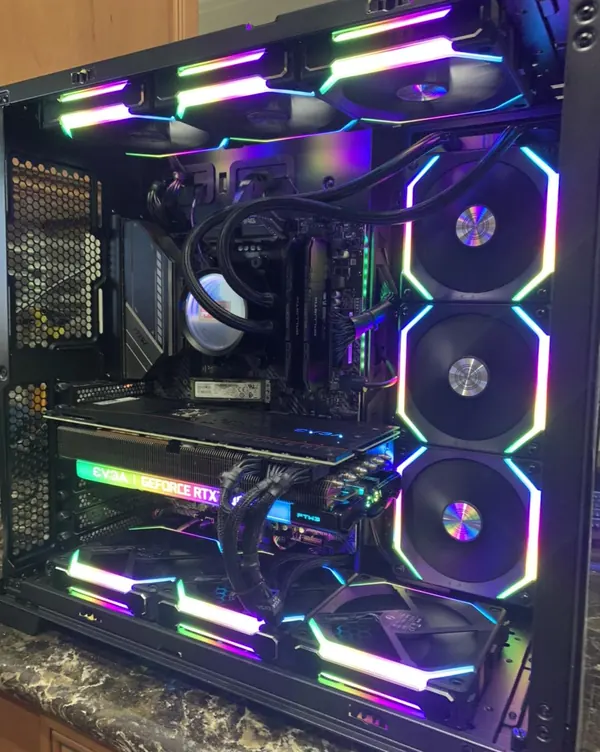 Gaming PC build with RGB fans, liquid cooler and sleeved cables